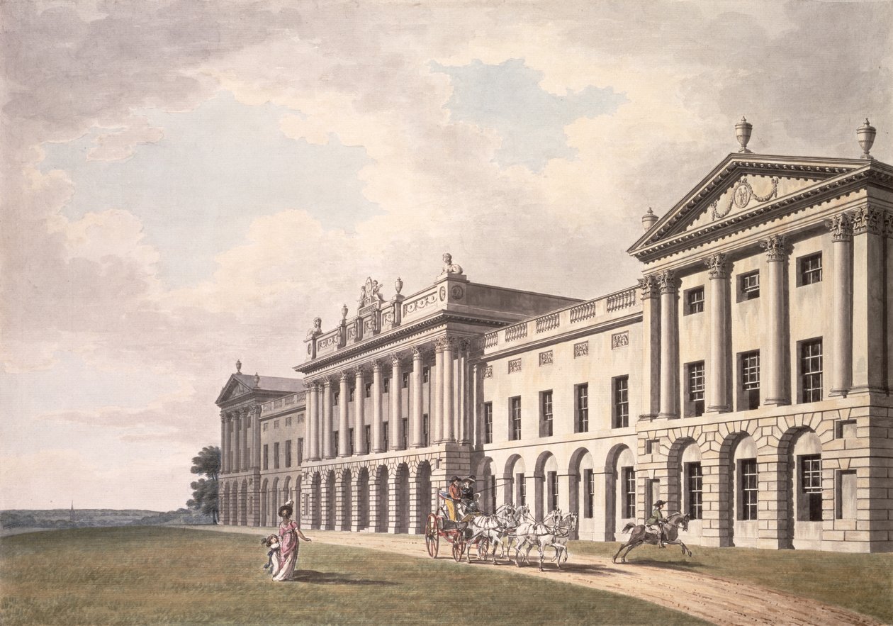 Utsikt över Heveningham Hall i Suffolk, säte för Sir Gerrard Vanneck, 1700-talet (penna och bläck och wc på papper) av Thomas van der Wilt