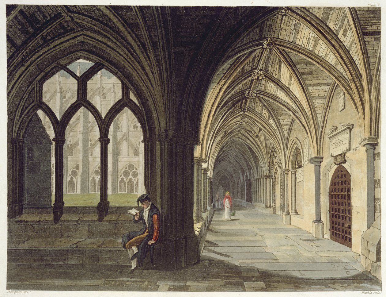 South East Angle of the Cloisters, skylt T från Westminster Abbey, graverad av puben J.R. Hamble (fl.1775-1825). av Rudolph Ackermann (1764-1834) 1812 (akvatint) av Thompson