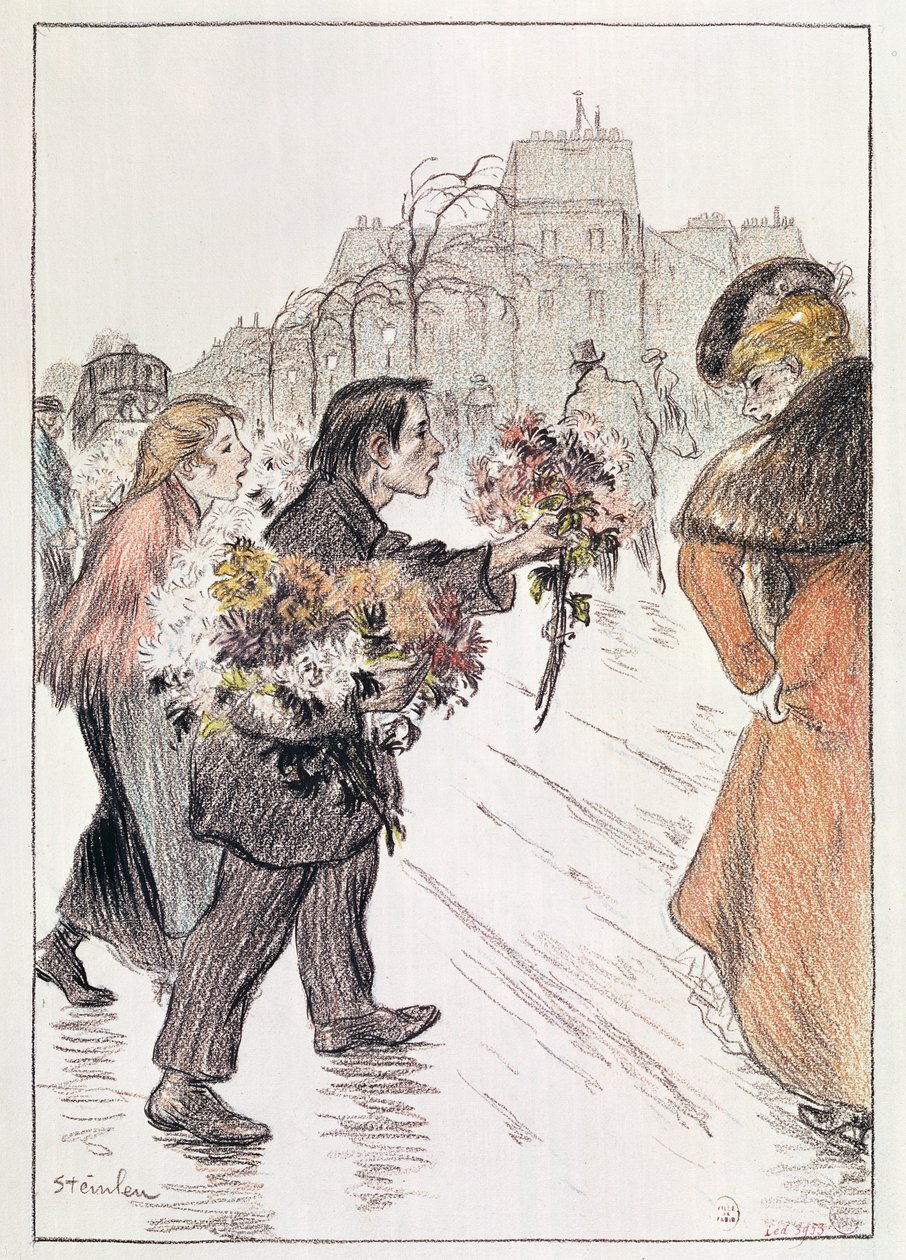 Florister som går runt de yttre boulevarderna (penna och krita på papper) av Théophile Alexandre Steinlen