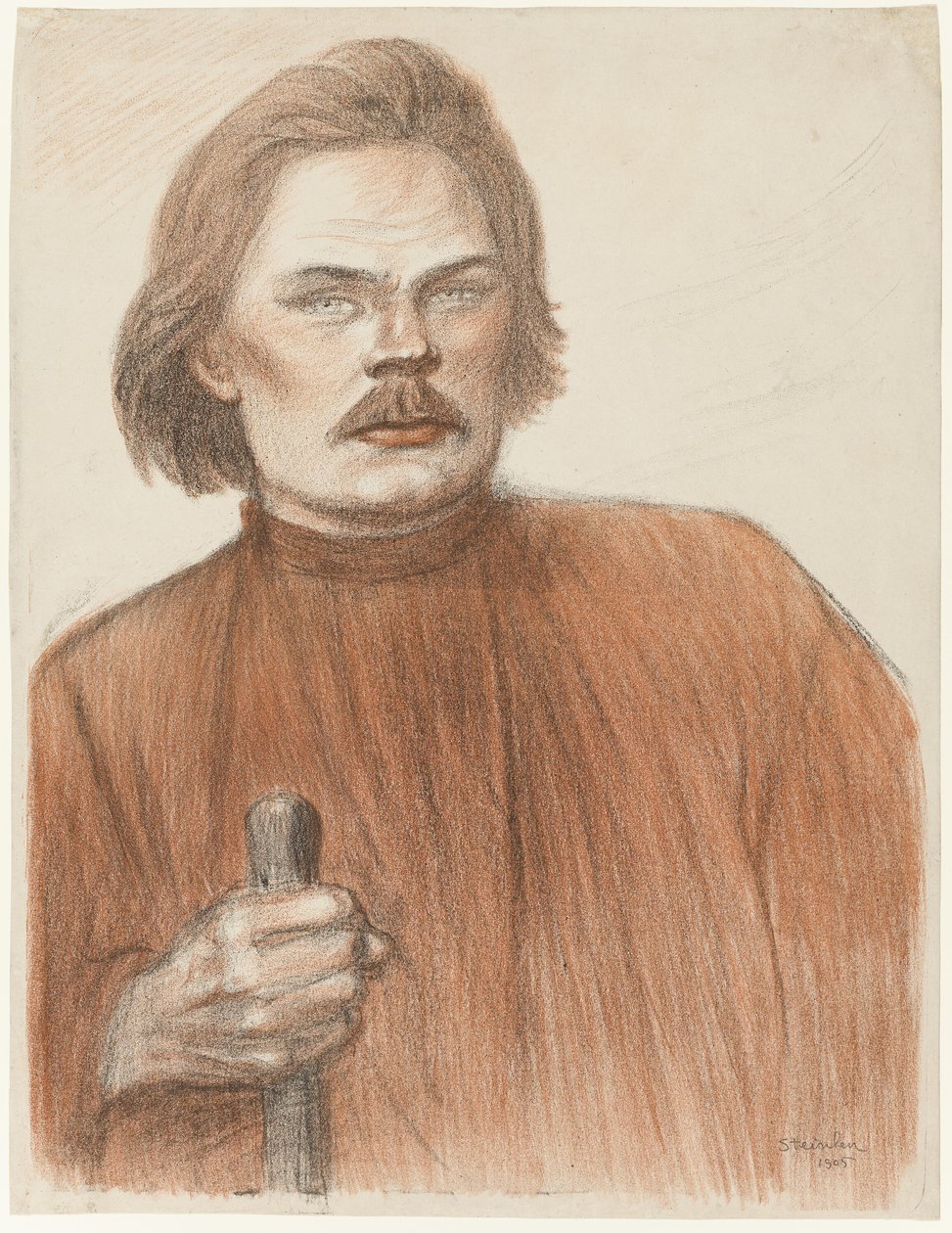 Frontalt porträtt från midjan och upp av Maxime Gorki av Théophile Alexandre Pierre Steinlen