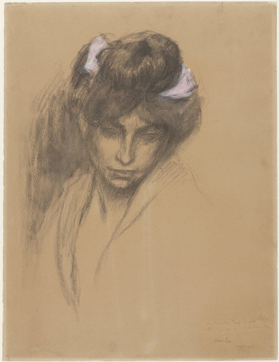Mörkt flickhuvud, tittar framåt, med ett lila band lindat i håret av Théophile Alexandre Steinlen