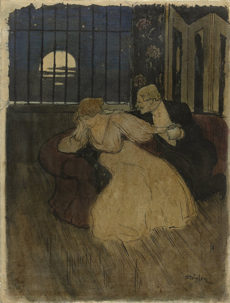 Gentleman i kjol försöker övertala en tvivlande dam på en soffa av Théophile Alexandre Steinlen