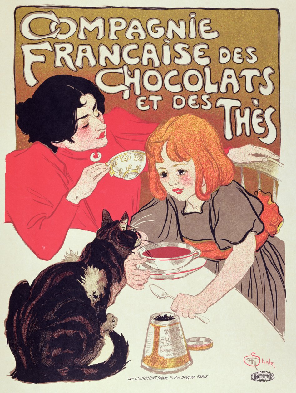 Affisch med reklam för Compagnie Francaise des Chocolats et des Thes, ca 1898 (lito i färg) av Théophile Alexandre Steinlen