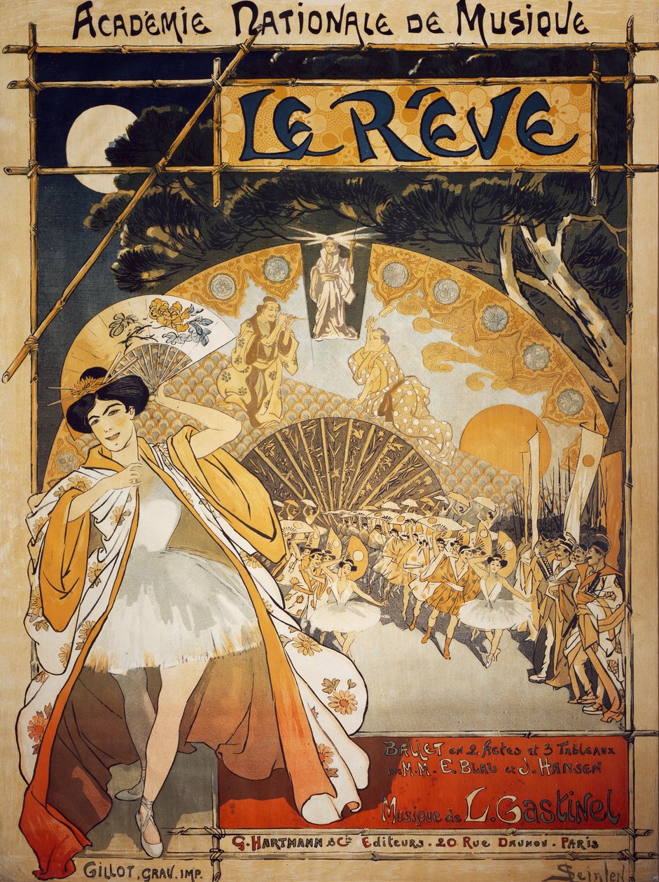 Affisch för Le Reve, balett av Alfred-Edouard Blau och Joseph Hansen, musik av Leon Gastinel, Academie Nationale de Musique, Paris, utgiven av Hartmann, Paris av Théophile Alexandre Steinlen