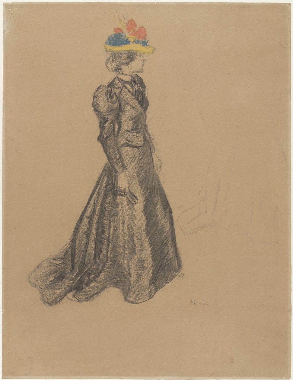 Stående dam i svart komplett med tåg, och en färgad stråhatt med sommarblommor av Théophile Alexandre Steinlen
