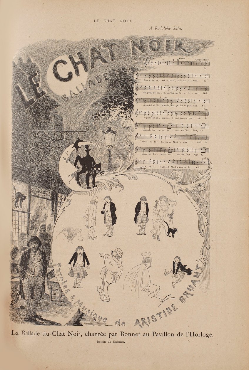 Berättelsen om den berömda kabarén Le Chat Noir, tidningen Le Chat Noir, 1884. av Théophile Alexandre Steinlen