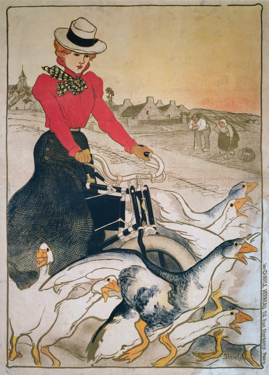 Kvinna på motoriserad velociped och grupp gäss av Théophile Alexandre Steinlen