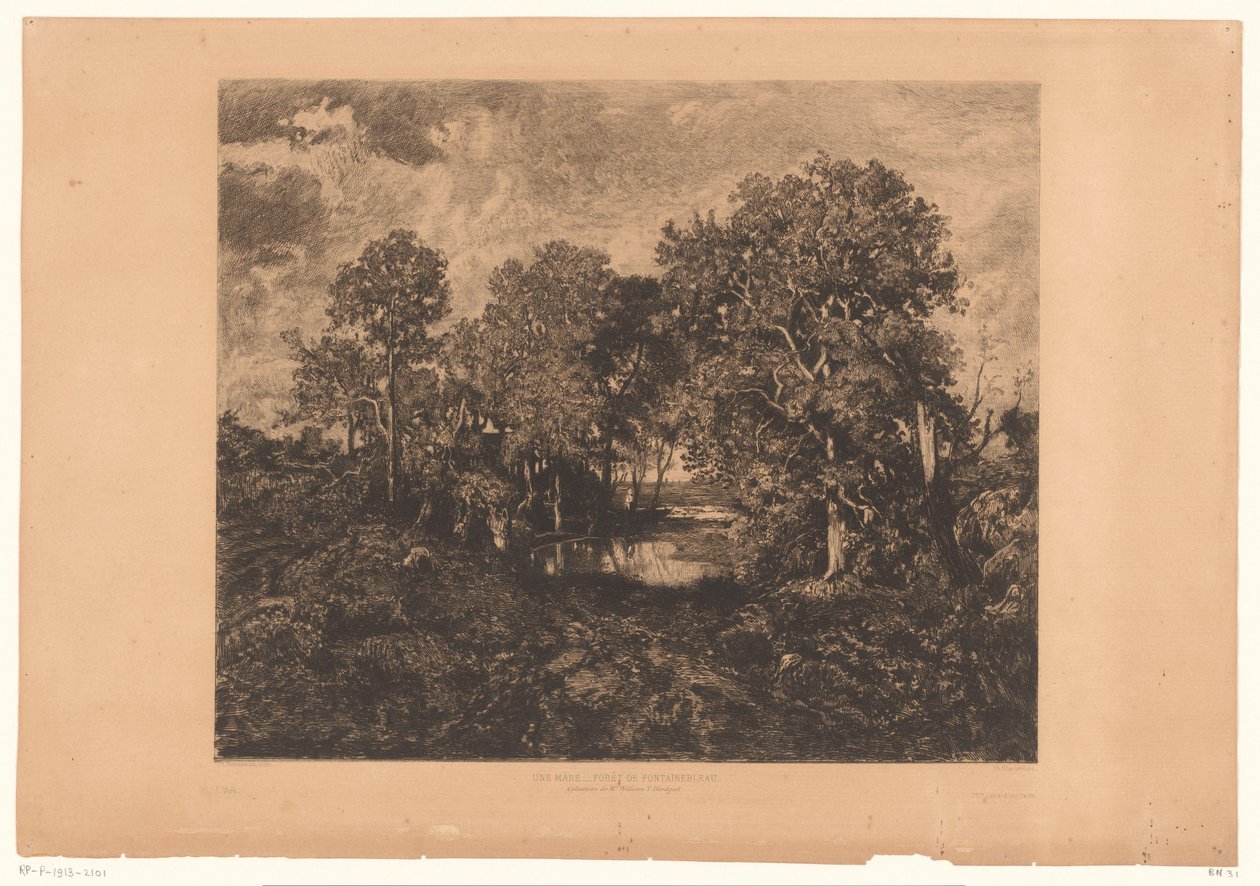 Vy över skogen Fontainebleau med en figur vid en pöl Une Mare - Forêt de Fontainebleau. (titel på objekt) av Théophile Chauvel