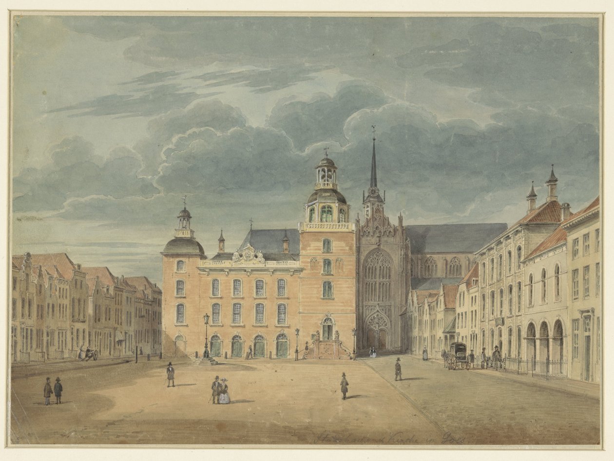 Rådhus och kyrka i Goes (Zeeland) av Théophile Schuler (possibly)