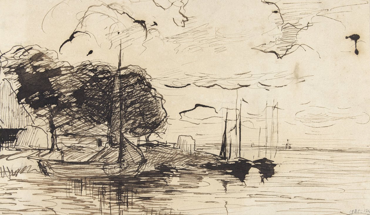 Strand med lada och segelfartyg av Théophile de Bock (possibly)