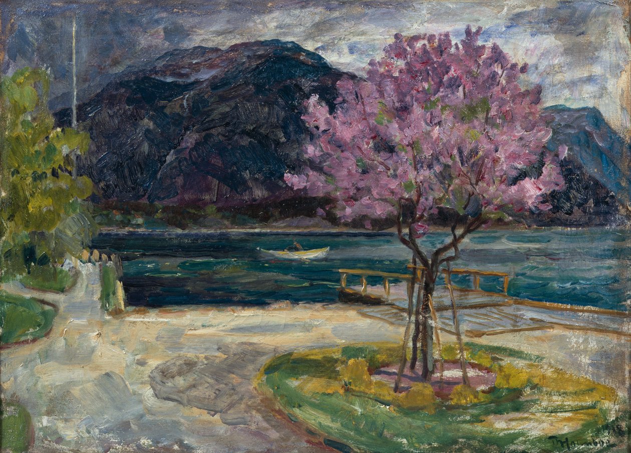 Kustlandskap med blommande mandelträd av Thorolf Holmboe