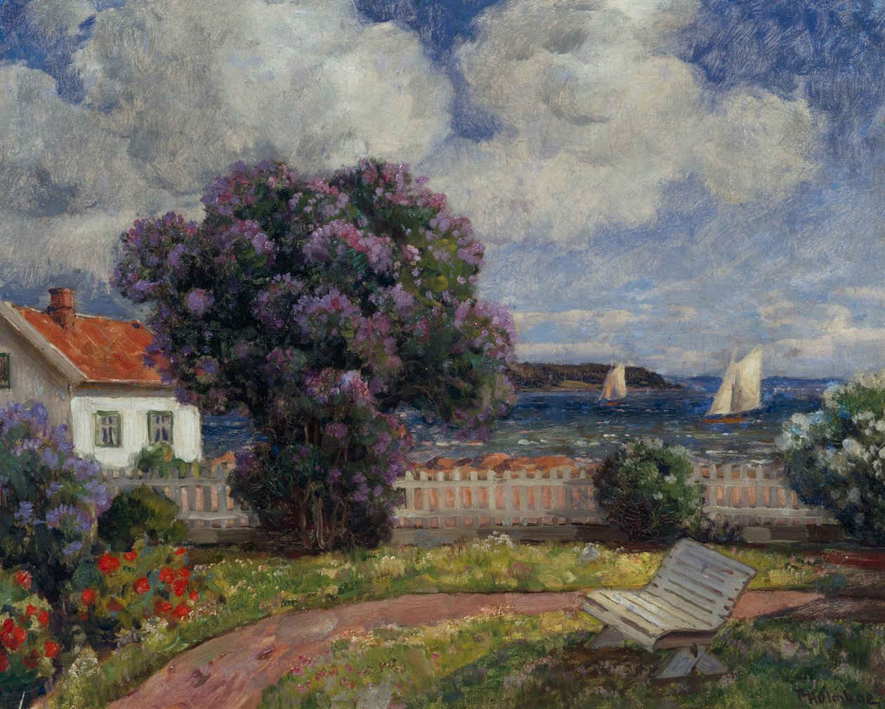 Kustlandskap med blommande syrenbuske (olja på duk) av Thorolf Holmboe