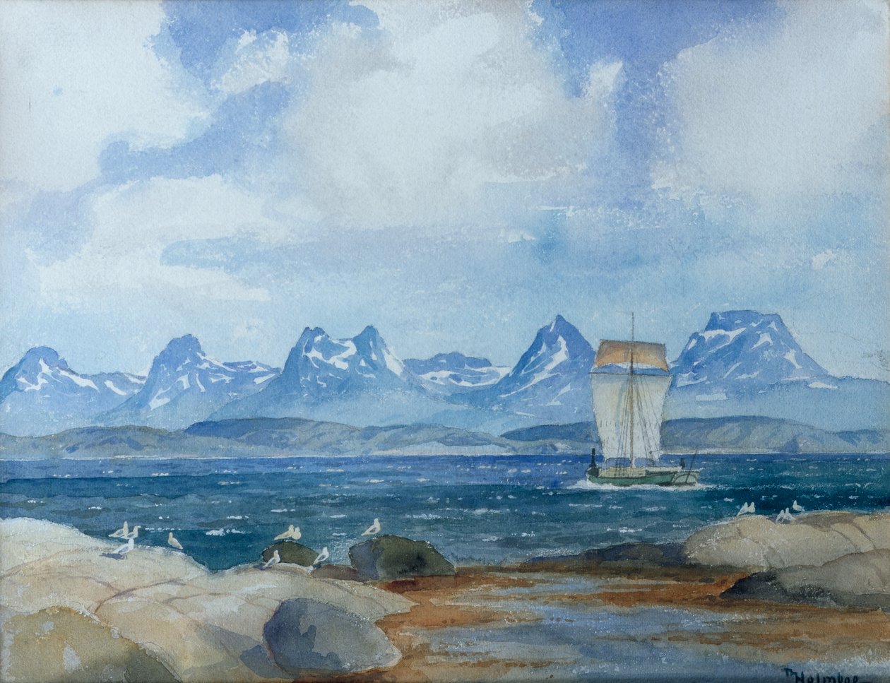 Nordlig fiskebåt i fjordlandskap (foto) av Thorolf Holmboe
