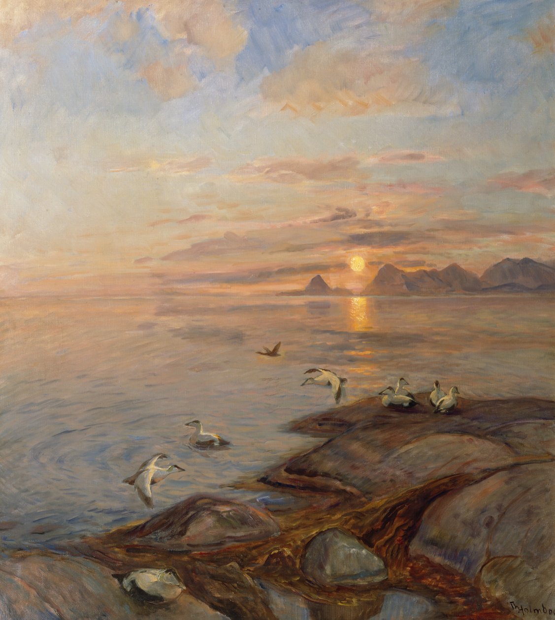 Sjöfåglar i midnattssol (olja på duk) av Thorolf Holmboe