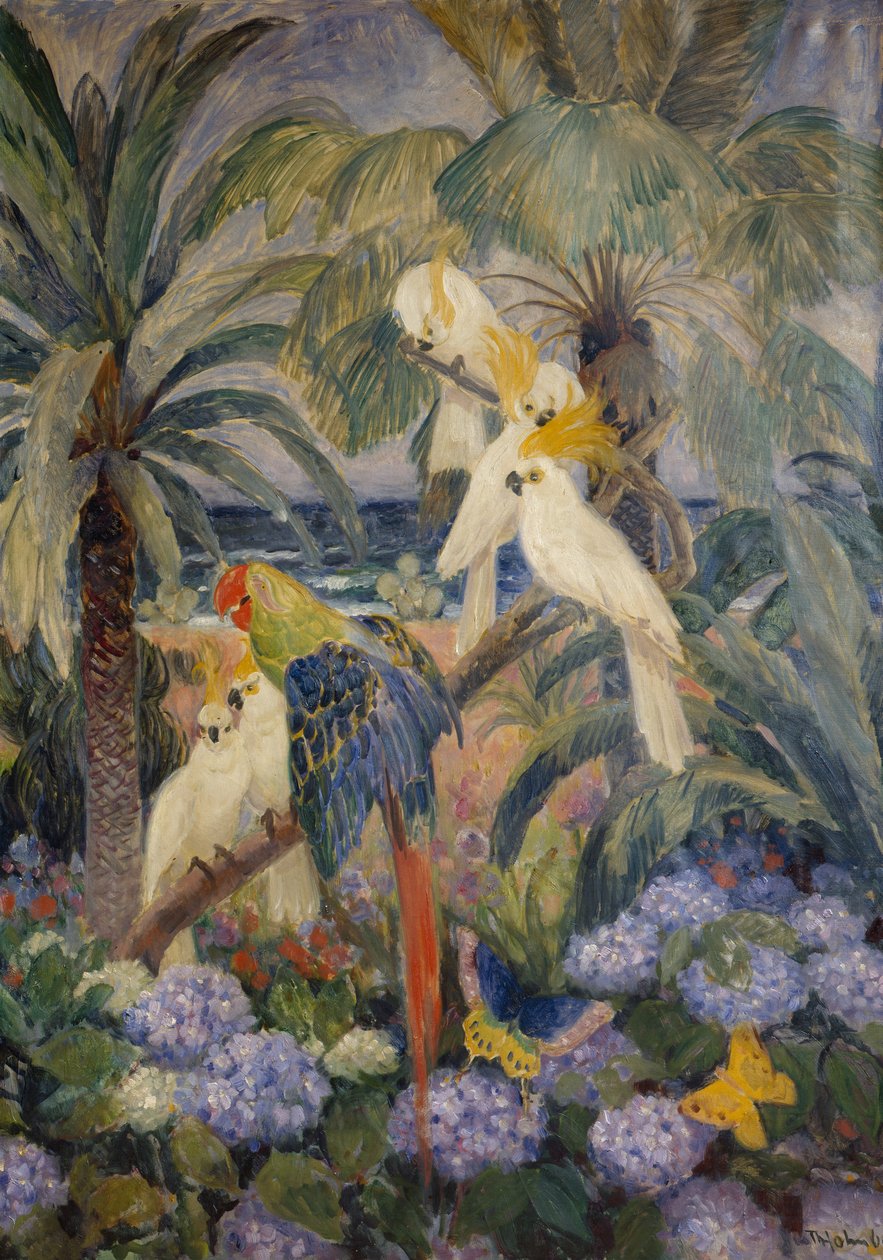 Tropiskt landskap med papegojor (olja på duk) av Thorolf Holmboe