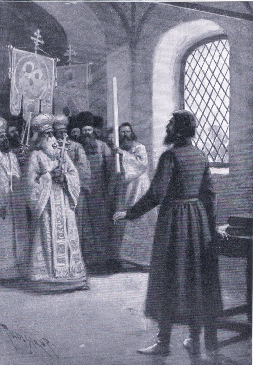 Boris Godunov i pension vid klostret vädjade om att acceptera hans val till tsar, illustration från Landmarks in European History publicerad av Gresham Publishing Co, ca 1920 (litho) av Thure de Thulstrup