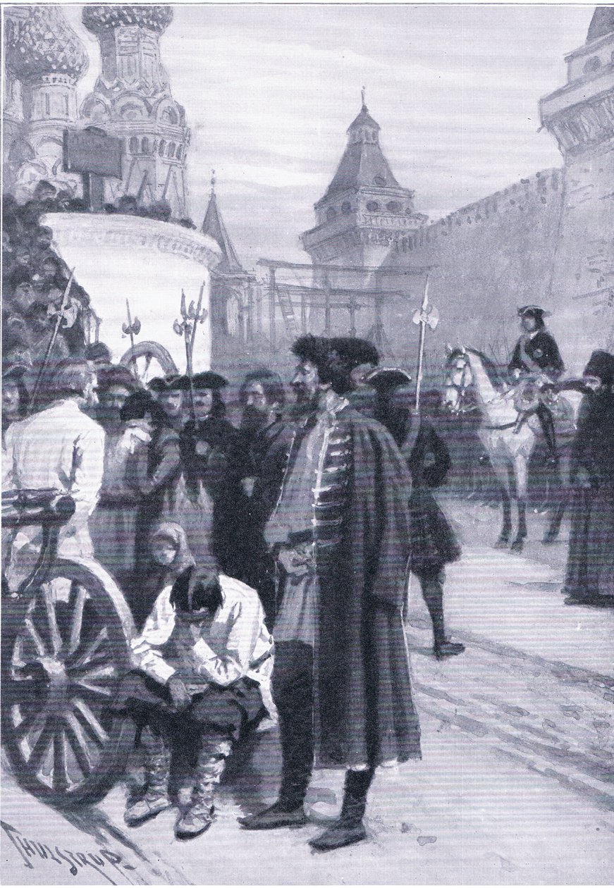 Avrättning av Strelitz på kommando av Peter den store, illustration från Landmarks in European History publicerad av Gresham Publishing Co, ca 1920 (litho) av Thure de Thulstrup