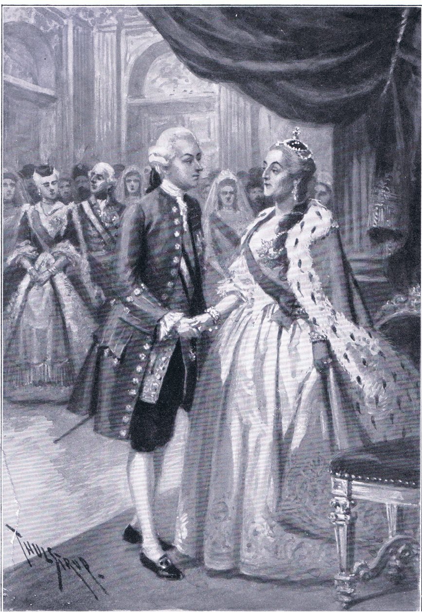 Möte mellan Katarina II av Ryssland och Josef II av Österrike, illustration från Landmarks in European History publicerad av Gresham Publishing Co, c.1920 (litho) av Thure de Thulstrup