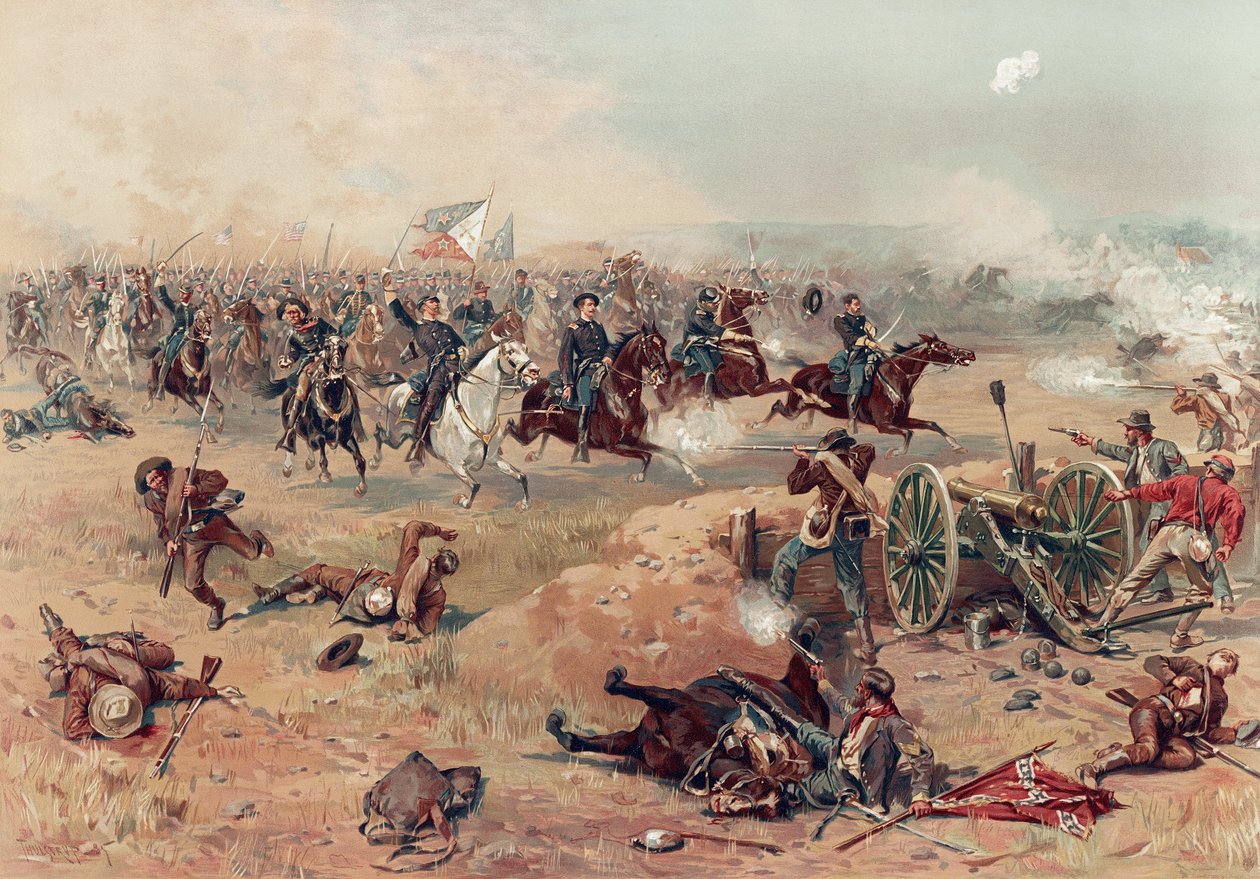 Sheridans Final Charge på Winchester, pub. :. Prang & Co., 1886 (färglitografi) av Thure de Thulstrup