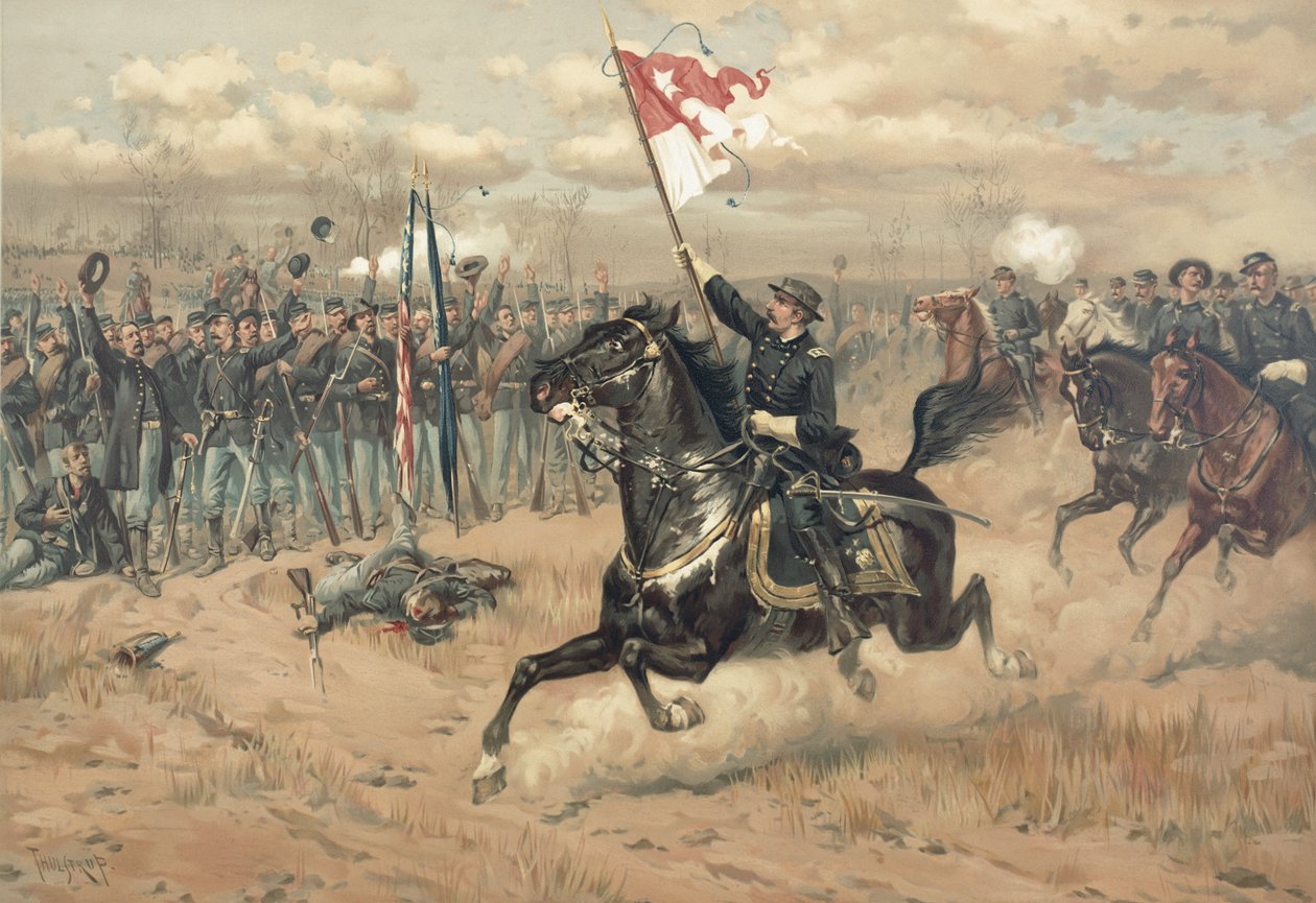 Sheridans berömda åktur vid slaget vid Cedar Creek Virginia 1864 (färg litho) av Thure de Thulstrup