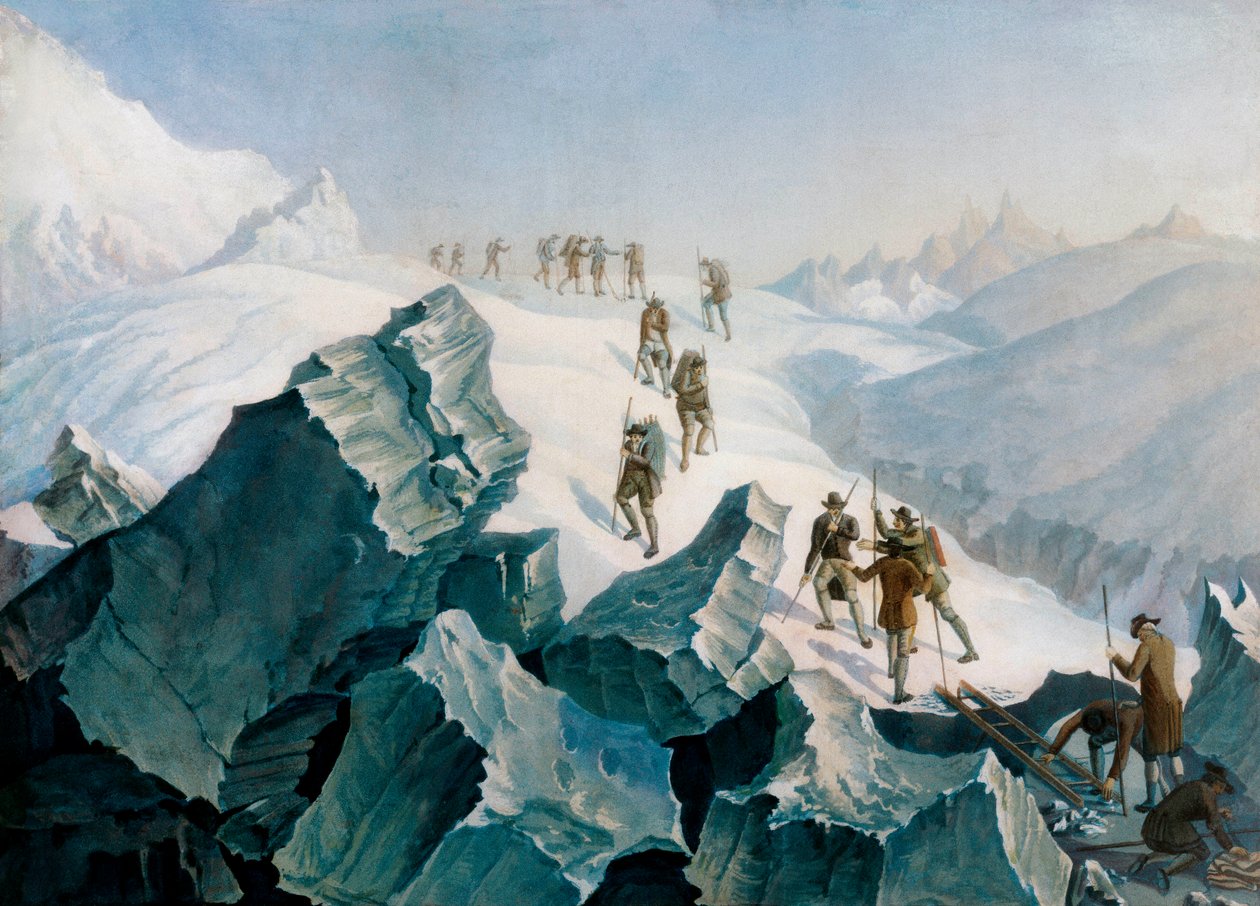 Nedstigning av Horace Benedict de Saussure, hans son och guider nerför Mont Blanc, augusti 1787 av Tiberius Dominikus Wocher