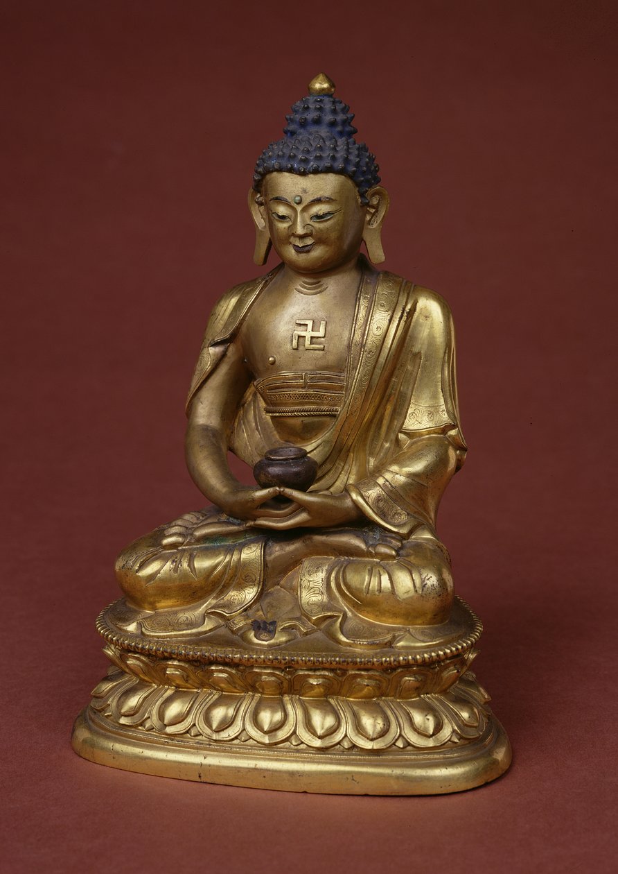 O Buddha Amitayus o loʻo nofo i le mafaufau loloto o loʻo uuina le fagu o le nectar (amrta) i ona vae (apamemea) faʻafefe. av Tibetan School