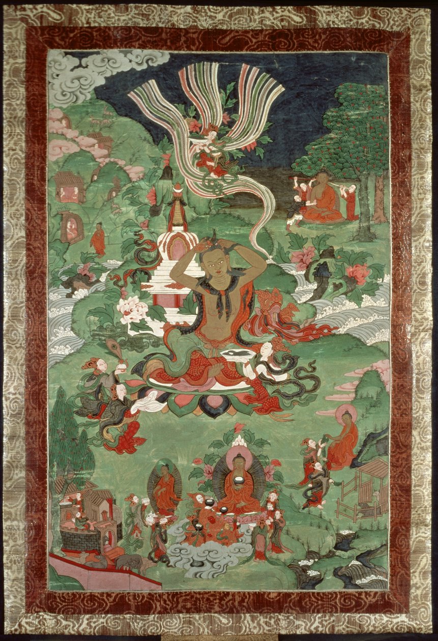 Buddha klipper en tofs hår, tibetansk tempelbanner av Tibetan School