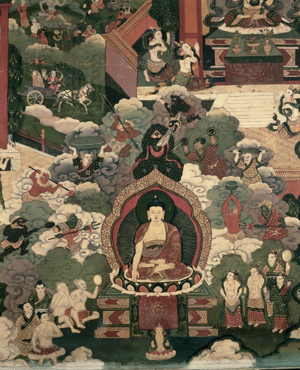 Buddha Shakyamunis liv, Maras arméer attackerar de välsignade (målning på siden) av Tibetan School