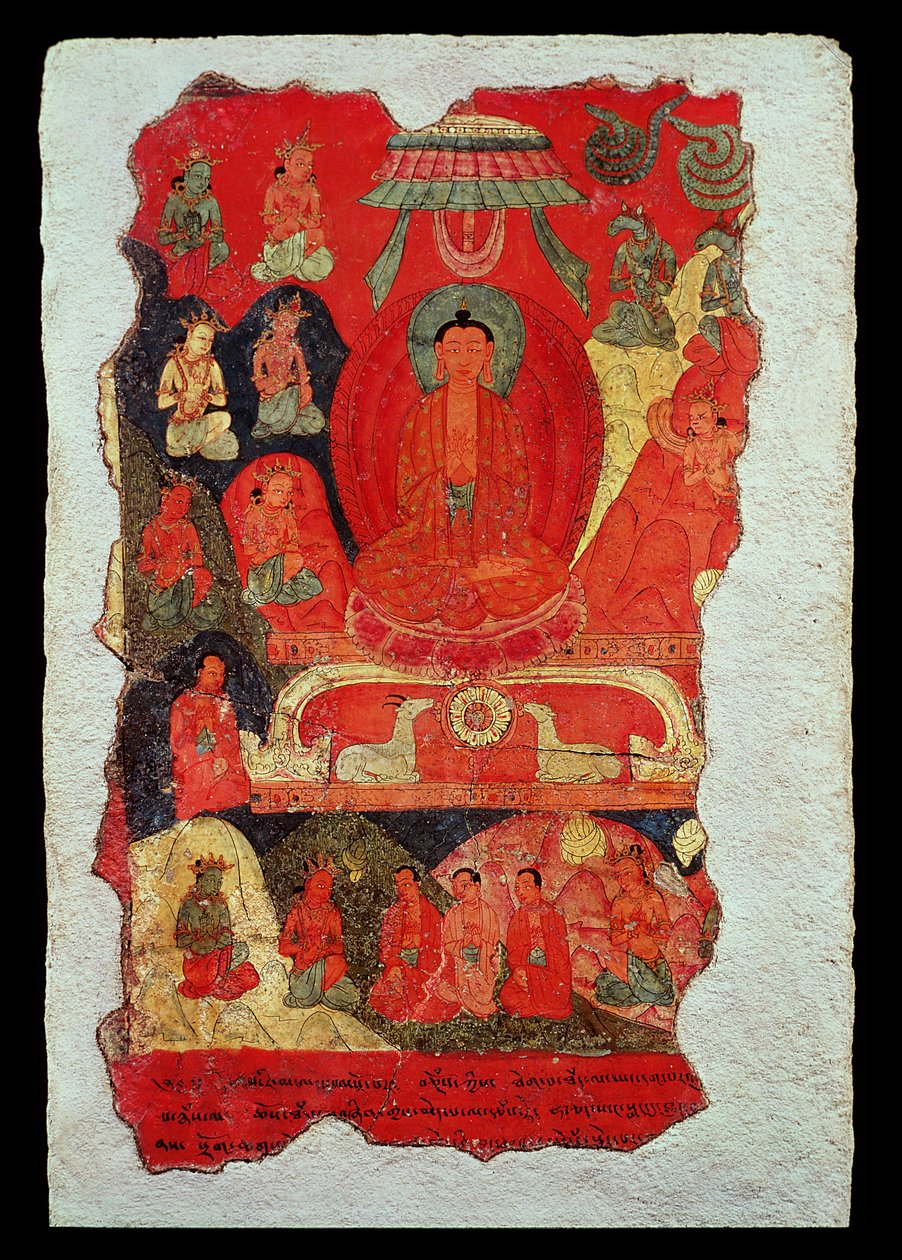 Buddhas första predikan (väggmålning) av Tibetan School