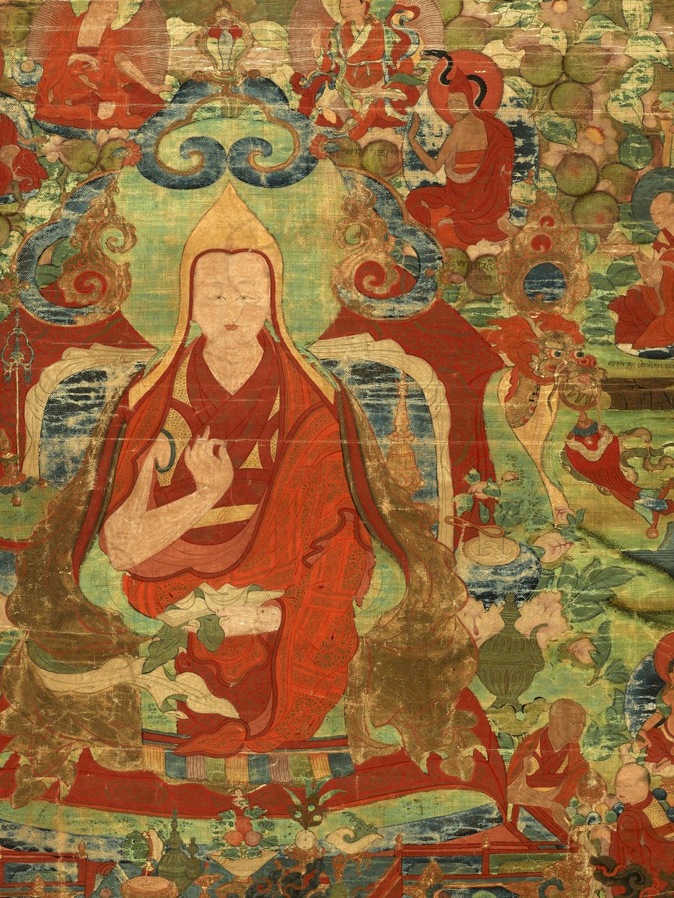 Detalj av tredje Panchen Lama Losan Penden Yeshe (gouache på tyg) av Tibetan School