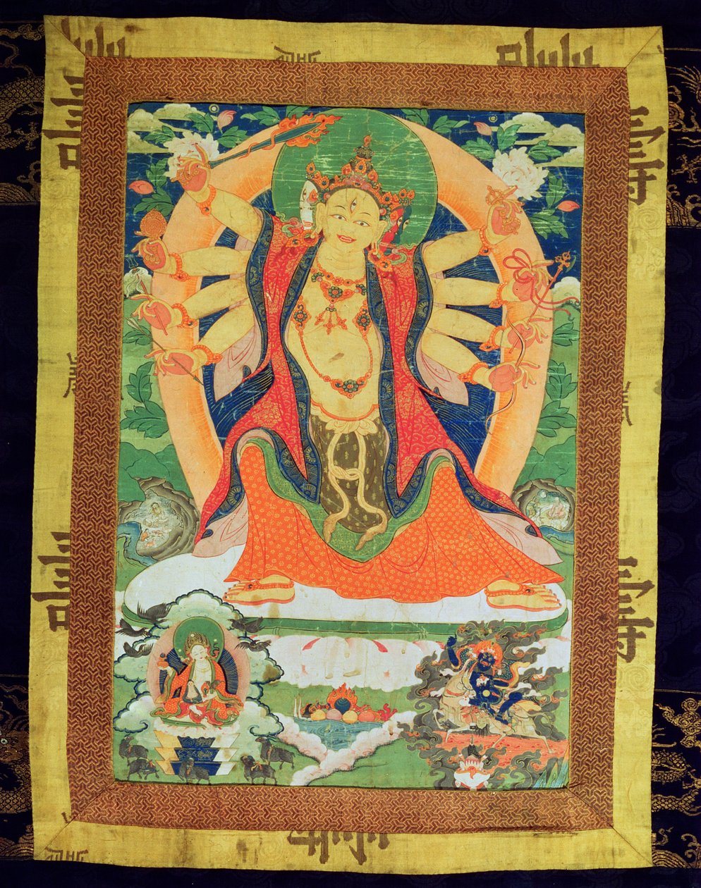 Thangka-målning föreställande en kvinnlig Dharmapala, förmodligen Lhamoo-so-sor-dang-ma, barnens gudinna, 1750-1850 (papper och siden) av Tibetan School
