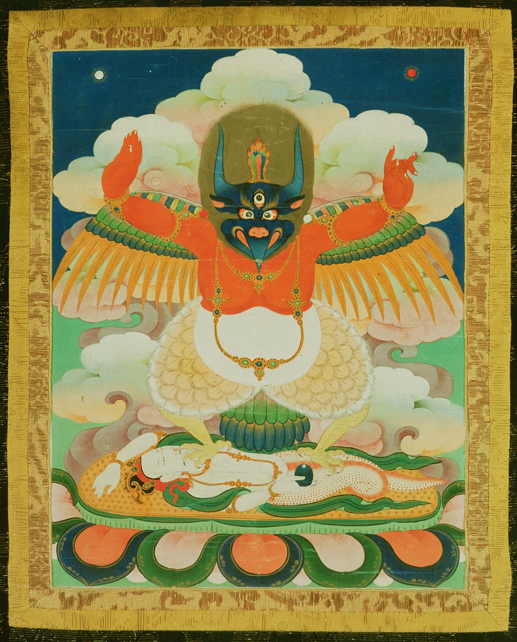 Thangka-målning av Garuda som trampar en döende nagad (tyg) av Tibetan School