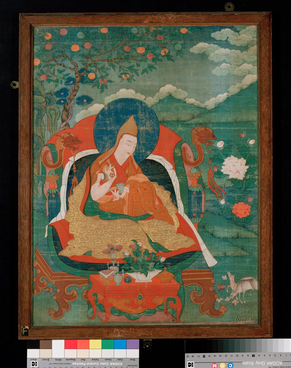 Thangka-målning som visar en far till lamaismens gula hatt-sekt, Gelupga Lama, ca 1700-1825 (valpsjuka på duk) av Tibetan School