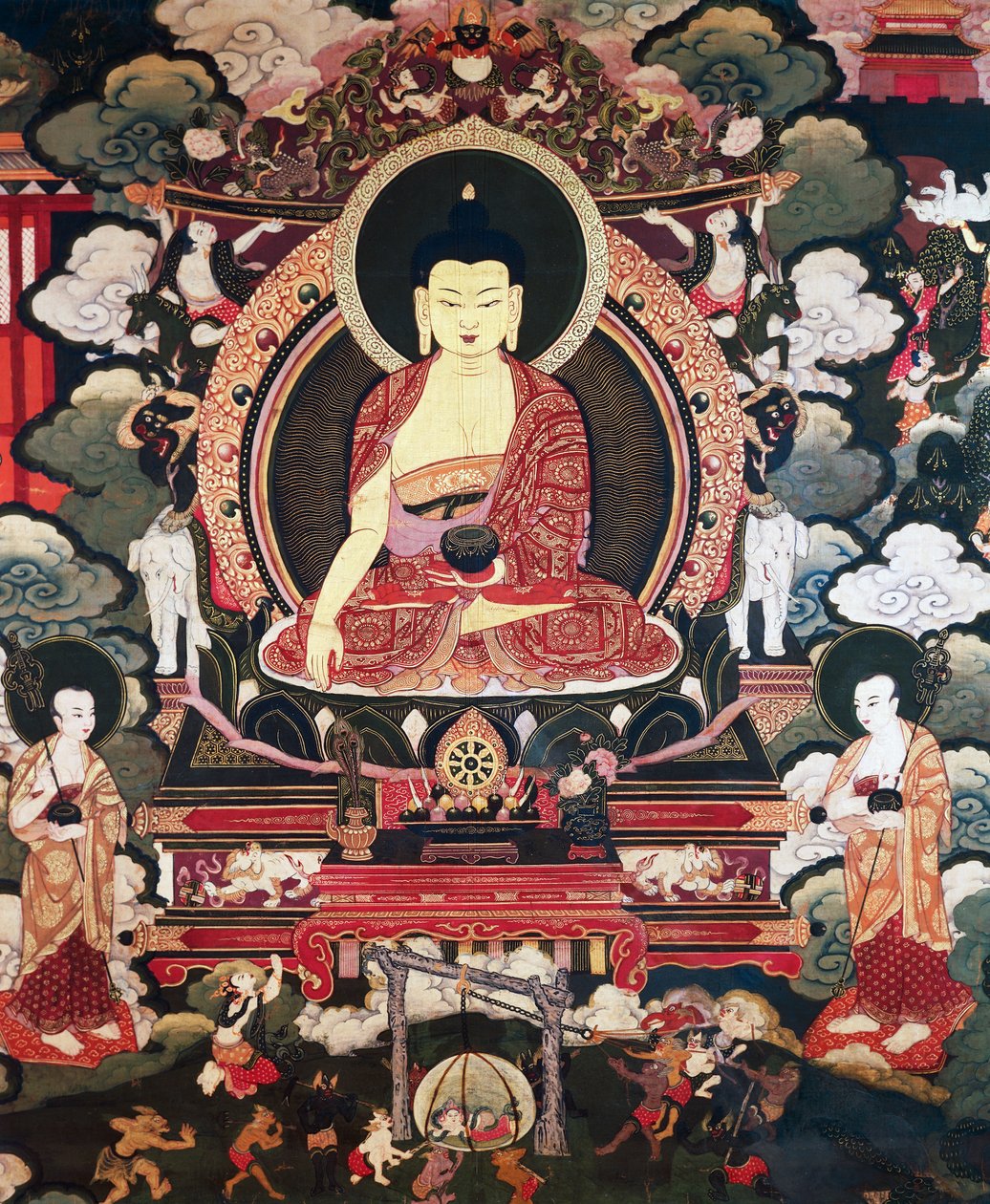 Buddha sittande mellan sina två stora lärjungar Cariputra och Maudgalyayana, scener från Buddha Sakyamunis liv, tibetansk civilisation av Tibetan School
