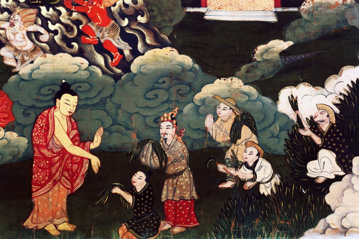 Erbjuder gräsklasar, scener från Buddha Shakyamunis liv av Tibetan School
