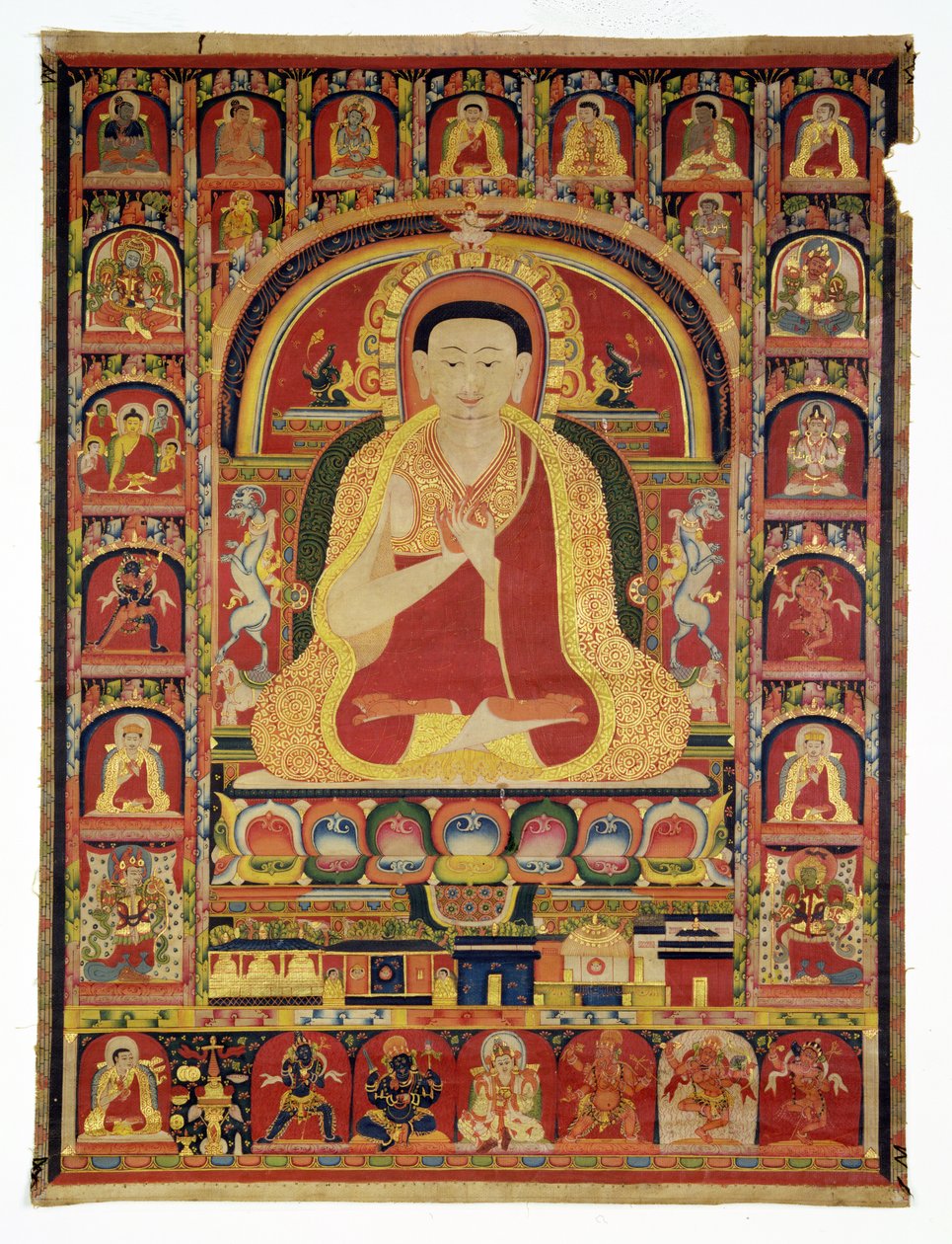 Porträtt av den store Thangpa (1142-1210) sent 1200-tal (ogenomskinlig wc & guld på bomull) av Tibetan School
