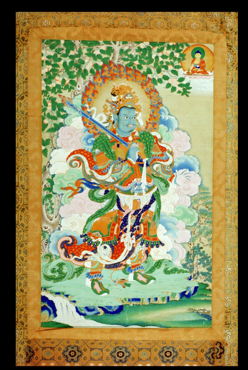Thangka-målning föreställande Virudhaka (Pag che po) Guardian of the South, tibetanskt, 1800-tal (papper monterat på siden med rullar) av Tibetan School