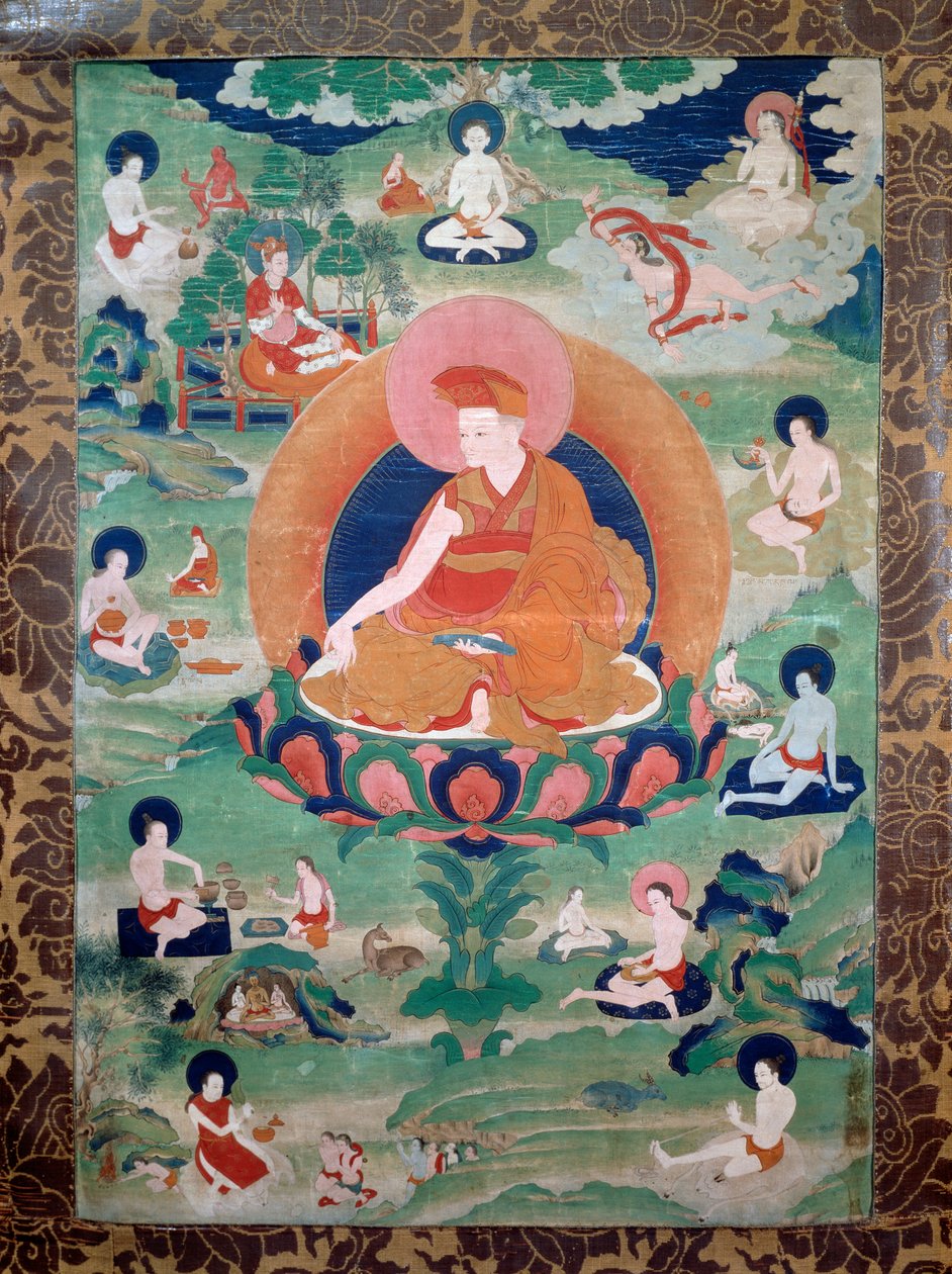Lama Rdo Rje Grags Pa, som levde på 1000-talet, omgiven av sina anhängare, målning, tibetansk civilisation av Tibetan School