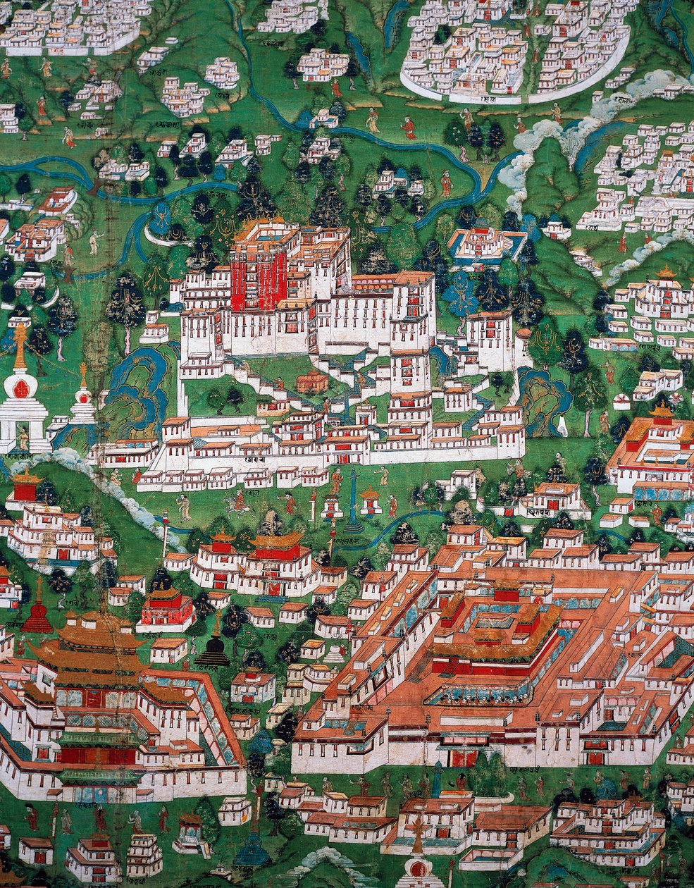 Staden Lhasa och Potala, färgad gravyr av Tibetan School