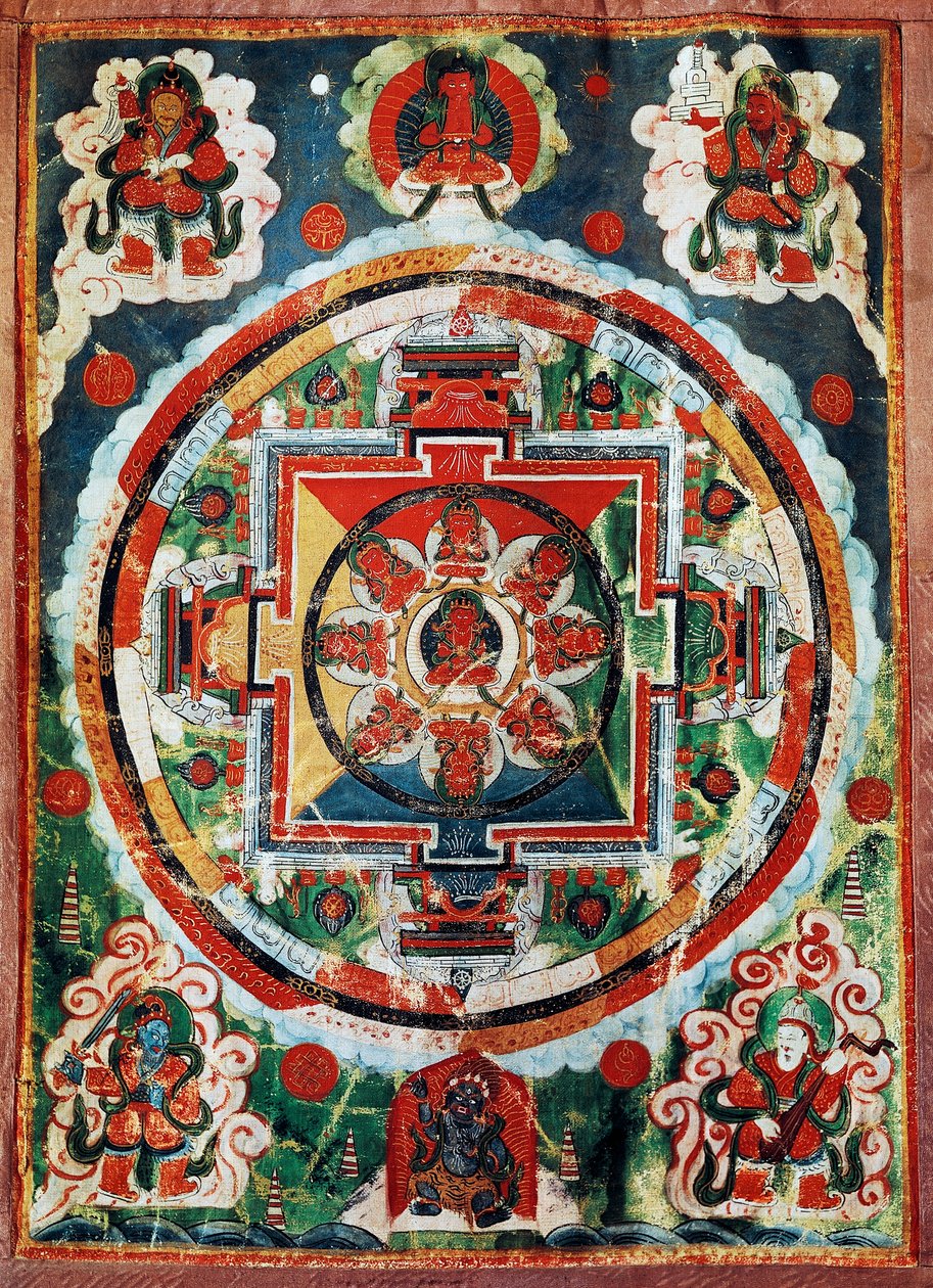 Tibetansk mandala känd som de fyra himmelska kungarna, tibetansk civilisation av Tibetan School