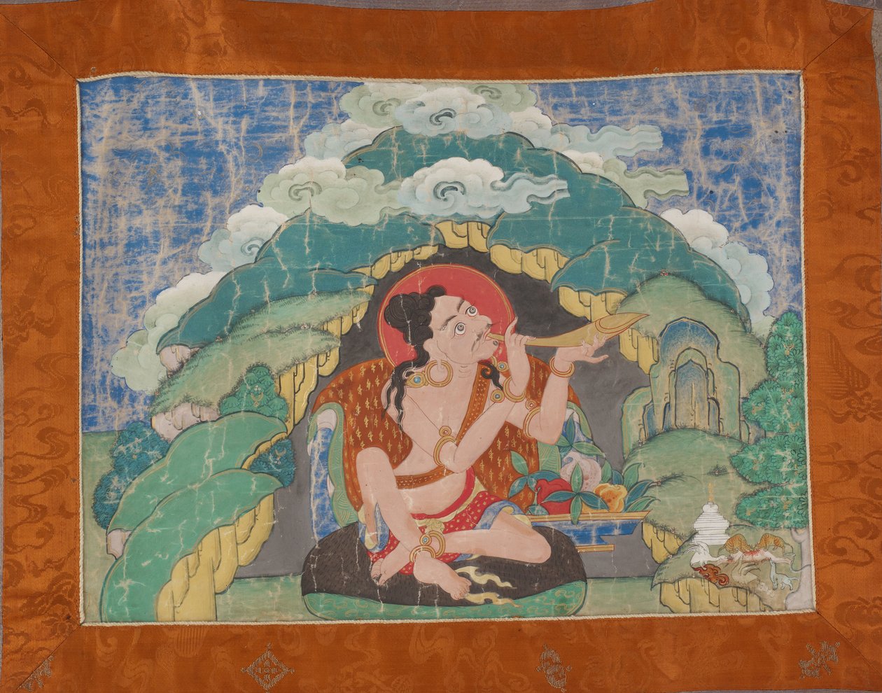 Mahasiddha Krishnacharya, från en partiell uppsättning thangkas, tidigt 1800-tal (mineralpigment på storlek bomull; original brokadmontering) av Tibetan School