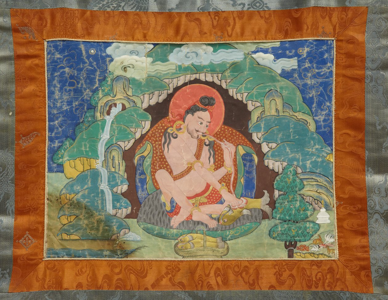 Mahasiddha Luipa, från en partiell uppsättning thangkas, tidigt 1800-tal (mineralpigment på bomull i storlek; original brokadmontering) av Tibetan School