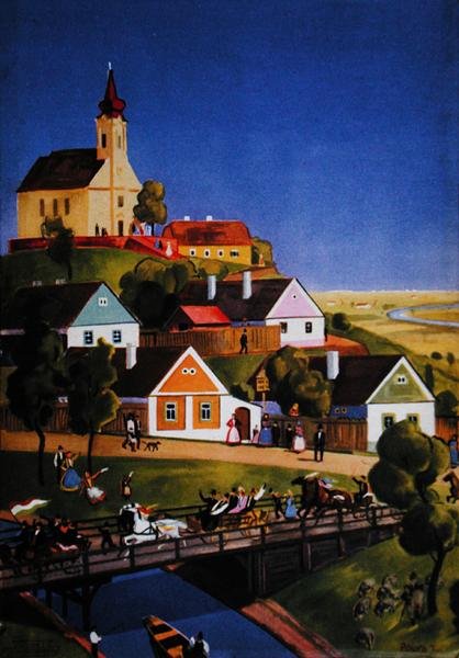Den typiska ungerska byn, illustration från en turistbroschyr, ca 1930-40 (färg litho) av Tibor Polya