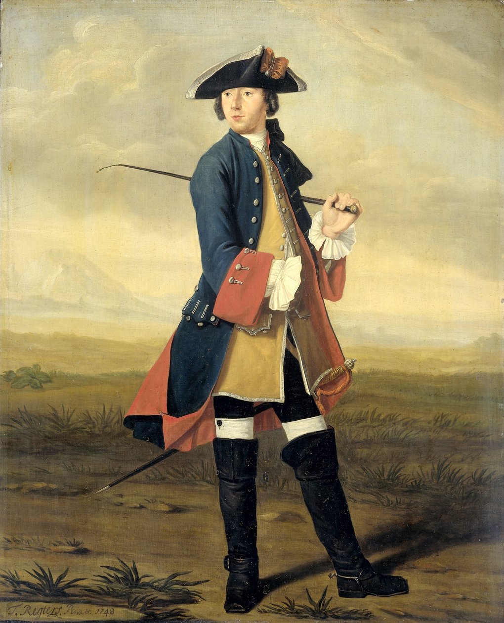 Porträtt av Ludolf Backhuysen II, målare, i dragonernas uniform av Tibout Regters