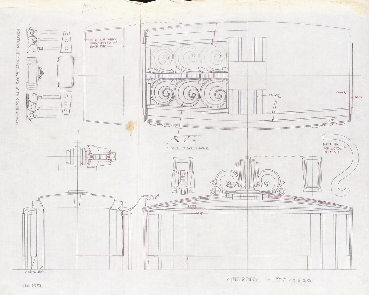 En ritning av design för ett Tiffany & Co.-utställningscentrum och två treljus kandelabrar, gjorda för 1939 års världsutställning, ca 1939 (bläck på papper) av Tiffany and Company
