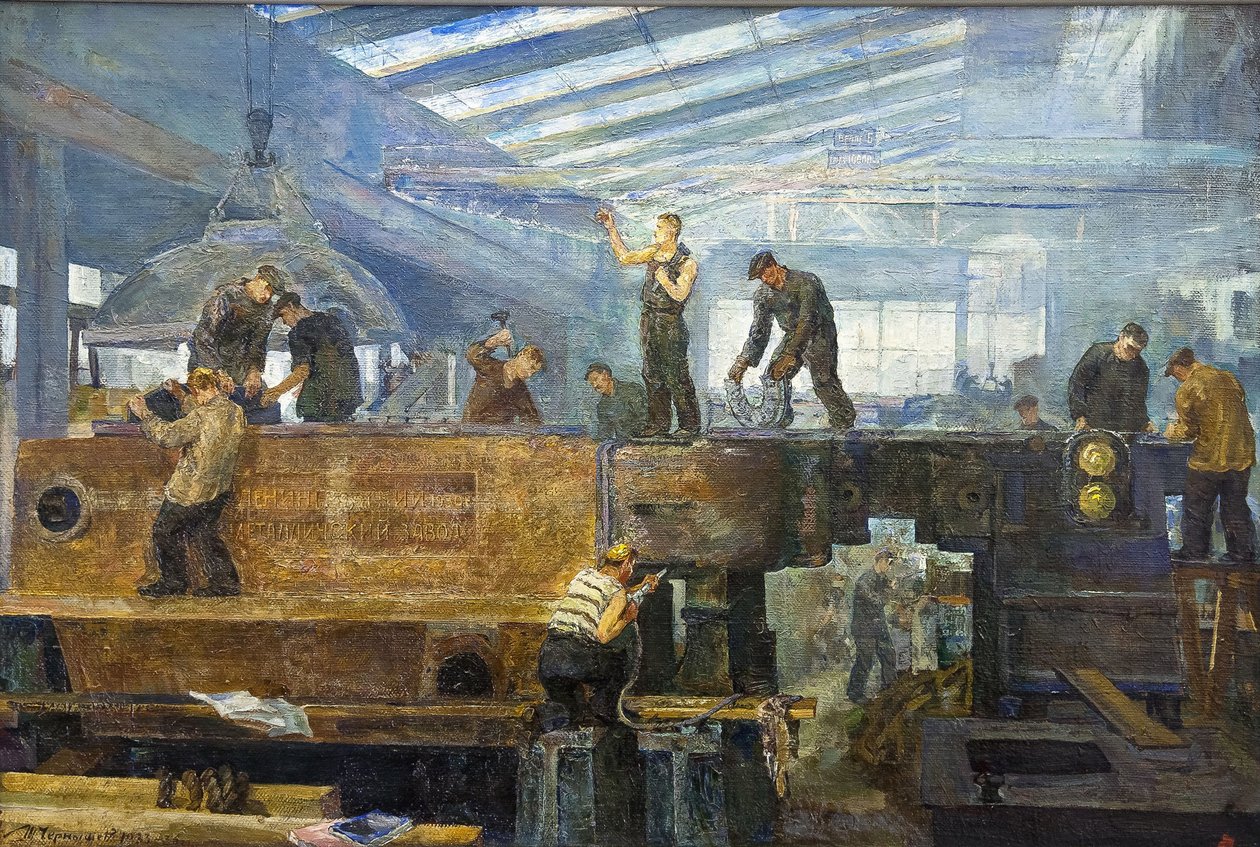 Le plan quinquennal - Turbininstallation av Chernyshev, Tikhon Pavlovich (1882-1942). Olja på duk, storlek: 75x110 av Tikhon Pavlovich Chernyshev