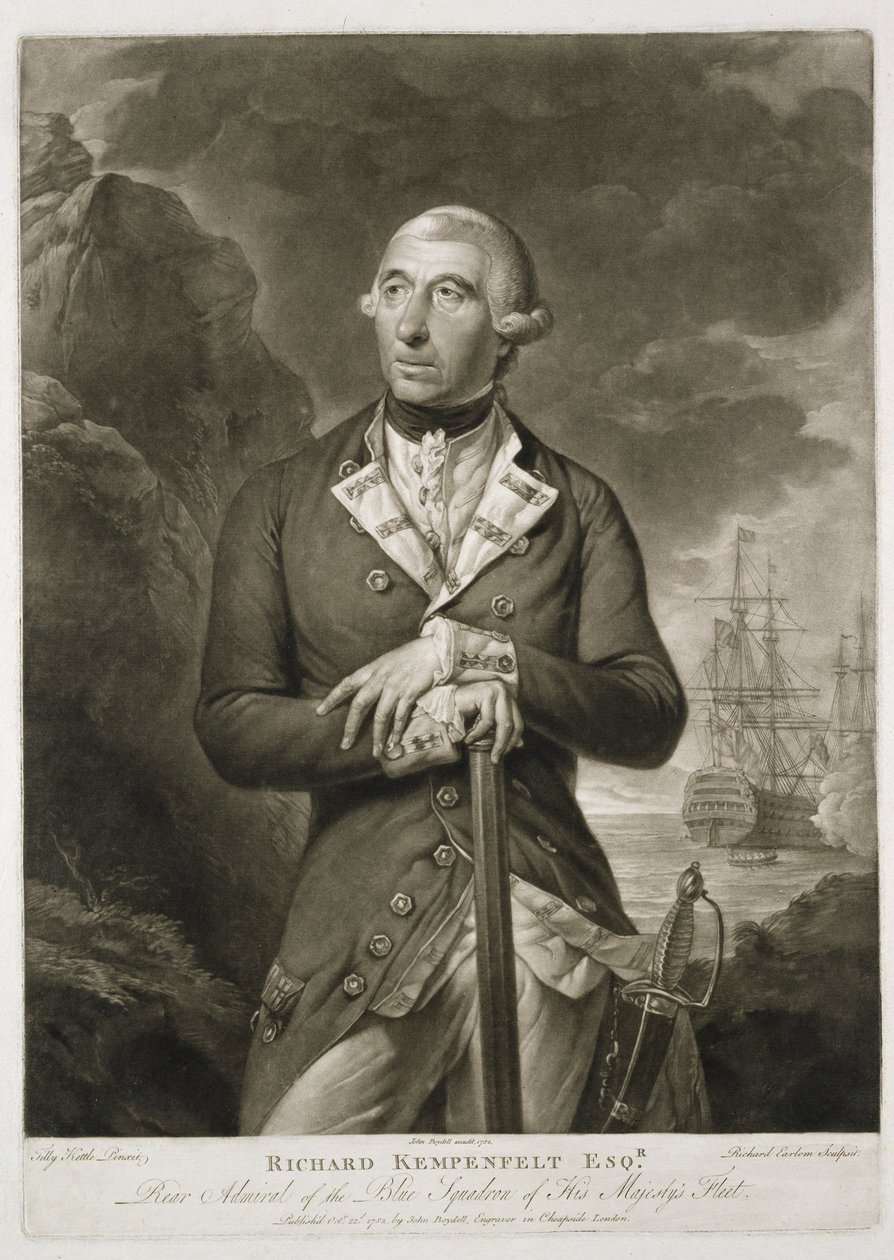 Porträtt av Richard Kempenfelt (1718-82) Konteramiral av de blå, graverad av Richard Earlom (1743-1822) pub. av John Boydell (1719-1804) 1782 av Tilly Kettle