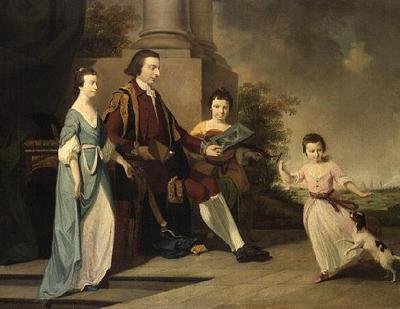 Thomas Noel, 2:e Viscount Wentworth, satt med sina tre systrar, Judith, Elizabeth och Sophia, på terrassen med Oxford bakom (olja på duk) av Tilly (manner of) Kettle