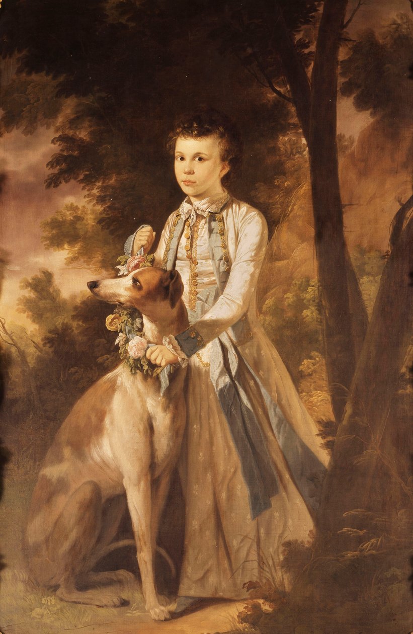 Porträtt av John Graham, som en pojke, i fullängd, i indisk klänning som håller en krans av blommor runt halsen på en vinthund vid sin sida, i ett landskap., av Tilly Kettle