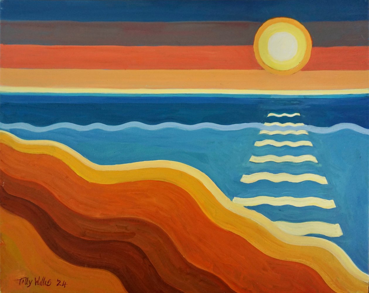 Ocean Sunset, 2024 (olja på pannå) av Tilly Willis